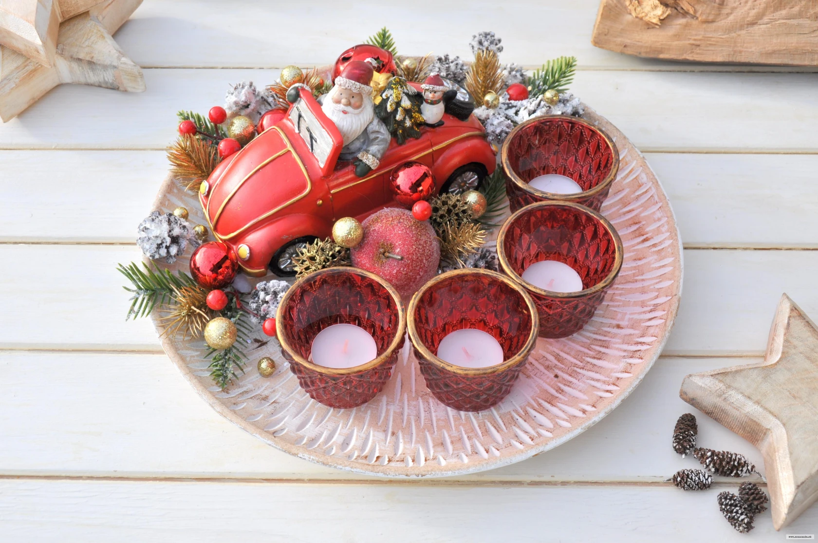 Drevený adventný podnos na 4 čajové sviečky, červeno-zlatý 2