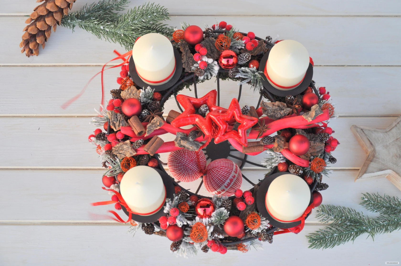 Dekoračný adventný podnos so 4 sviečkami, červený 3