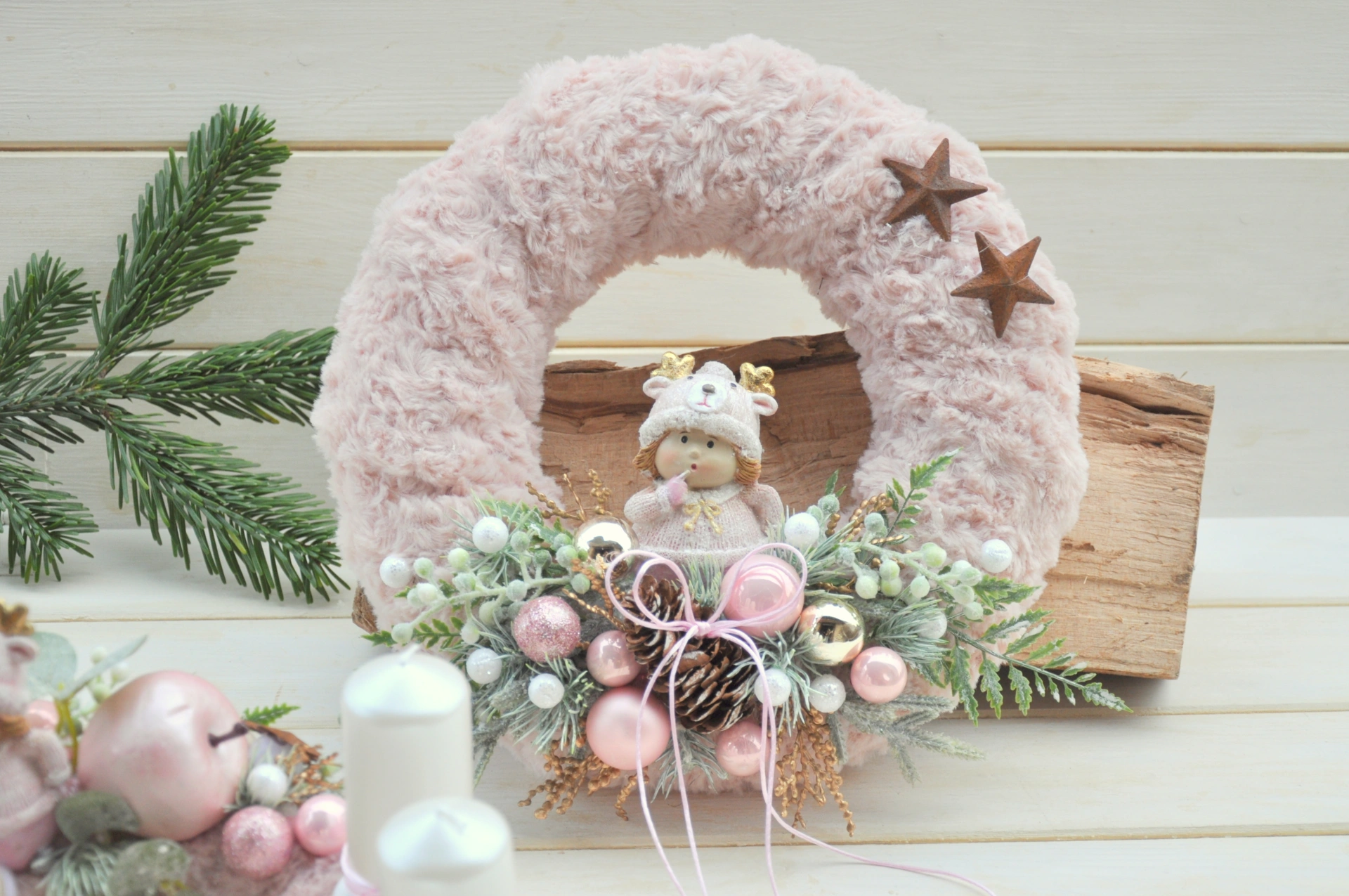 Adventný veniec so 4sviečkami a veniec na stenu, sada v ružovej 2