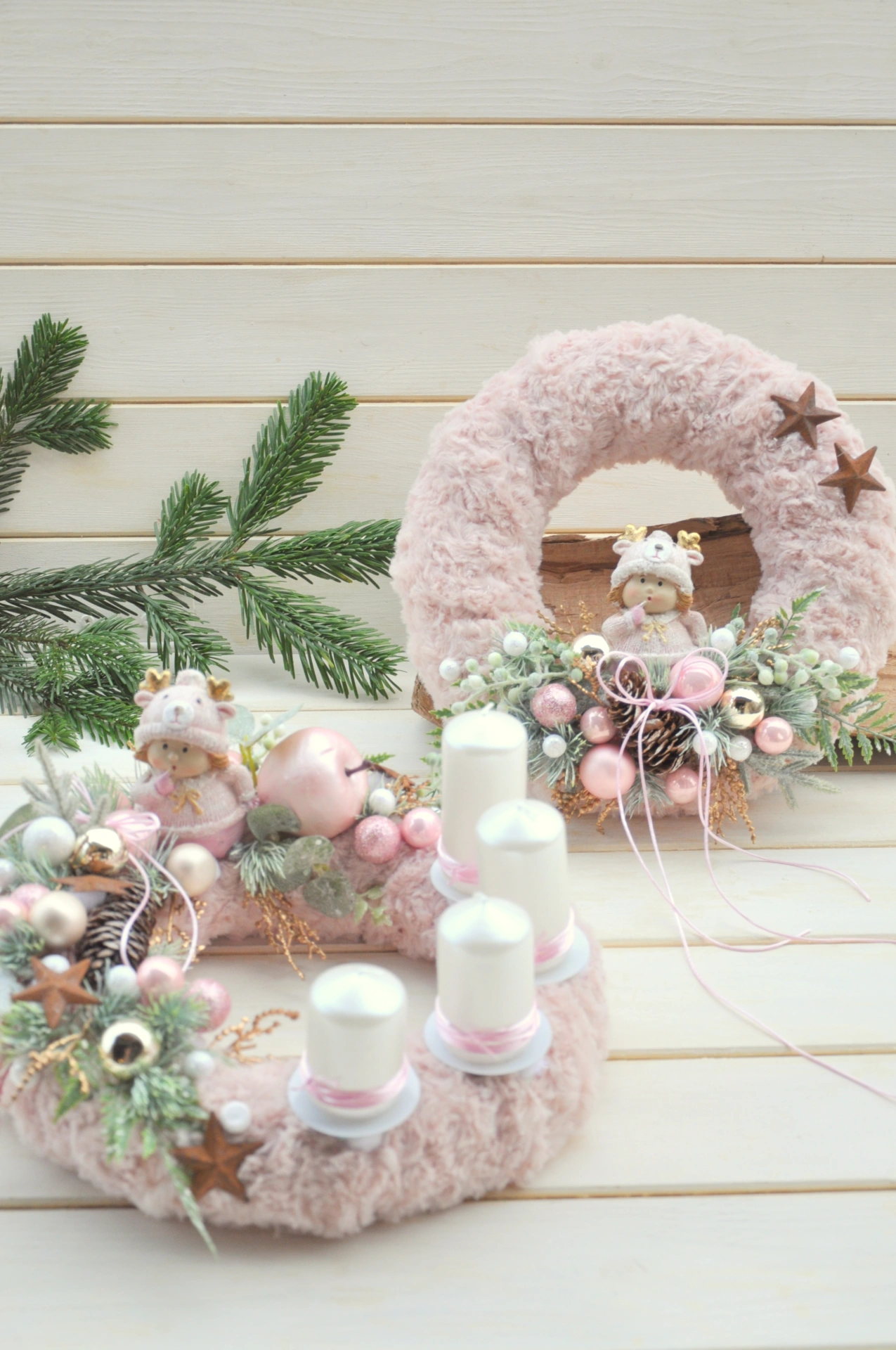 Adventný veniec so 4sviečkami a veniec na stenu, sada v ružovej 3