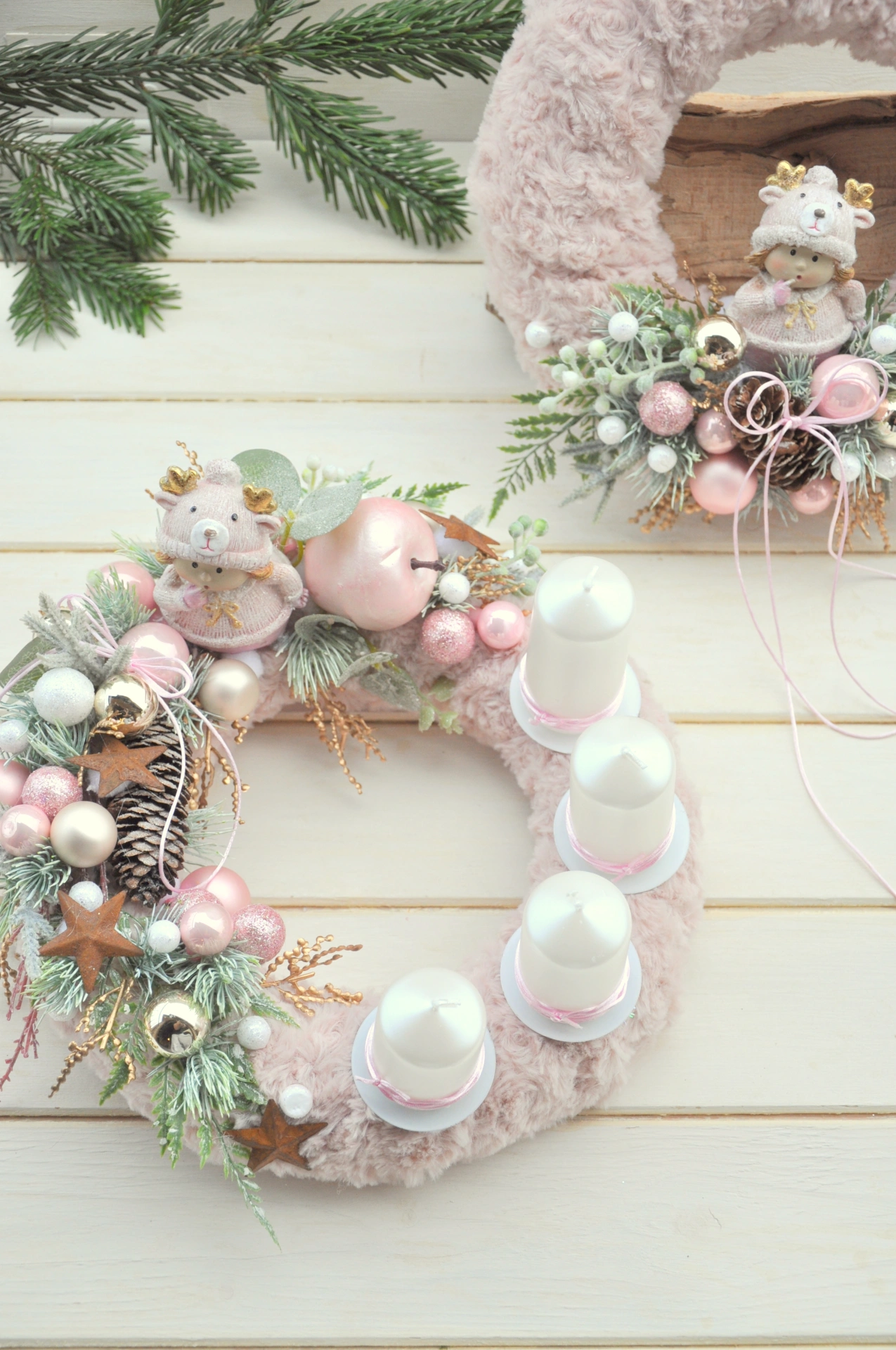 Adventný veniec so 4sviečkami a veniec na stenu, sada v ružovej 4