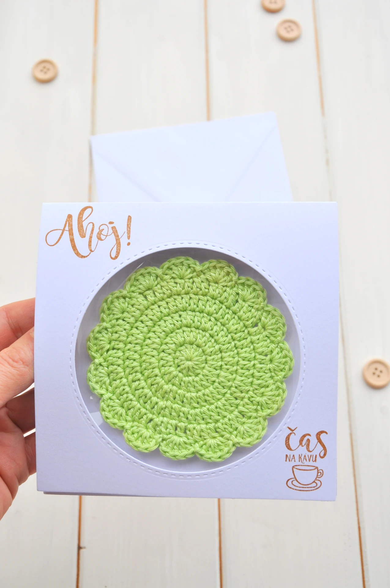 Zelená podšálka, otvárací pozdrav s obálkou